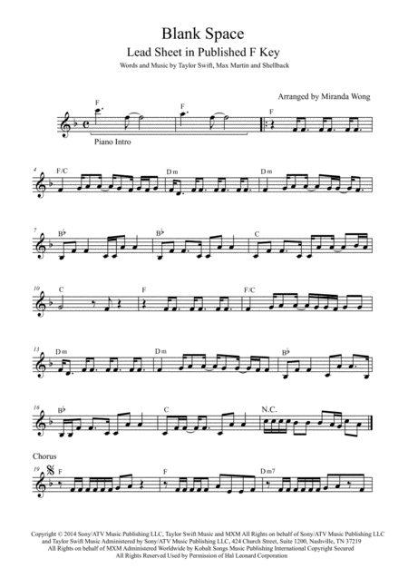 Blank Space Lead Sheet In Published F Key Piano Accompaniment Part Sheet Music