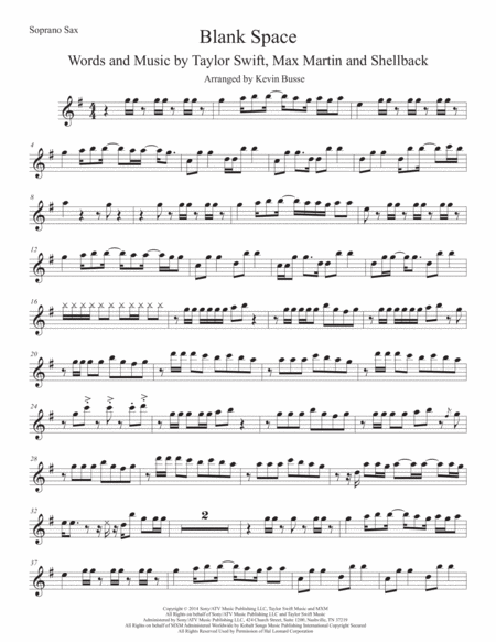 Free Sheet Music Blank Space Original Key Soprano Sax