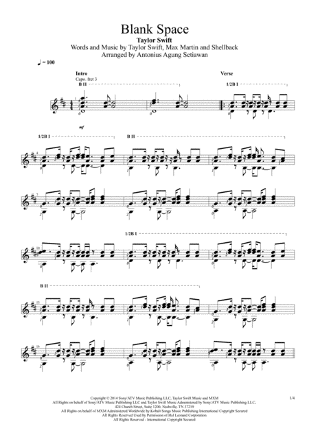 Blank Space Solo Guitar Score Sheet Music