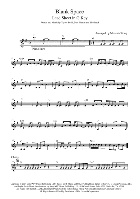 Free Sheet Music Blank Space Tenor Or Soprano Saxophone Solo