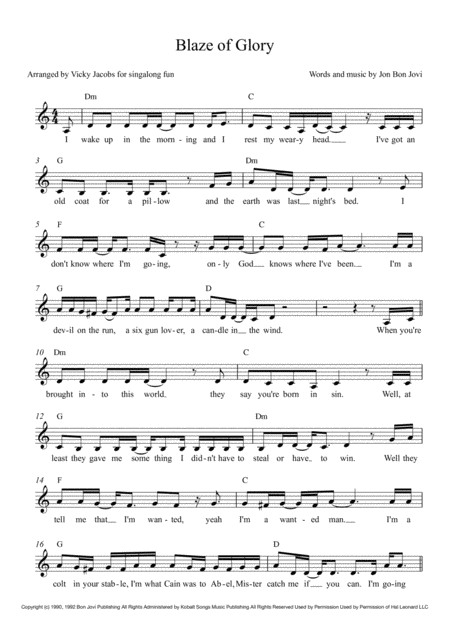 Free Sheet Music Blaze Of Glory Featured In The Film Young Guns Ii