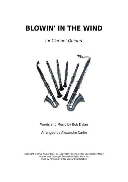 Blowin In The Wind Clarinet Quintet Or Ensemble Sheet Music