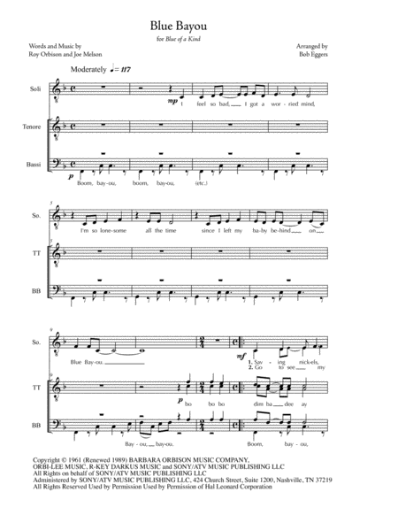 Blue Bayou Solo Ttbb A Cappella Sheet Music