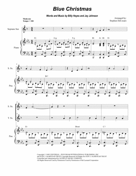 Free Sheet Music Blue Christmas Duet For Soprano And Tenor Saxophone