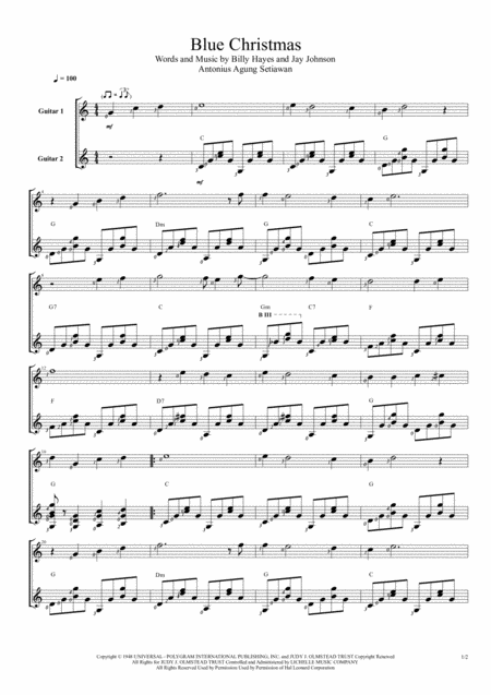 Free Sheet Music Blue Christmas Duet Guitar Score