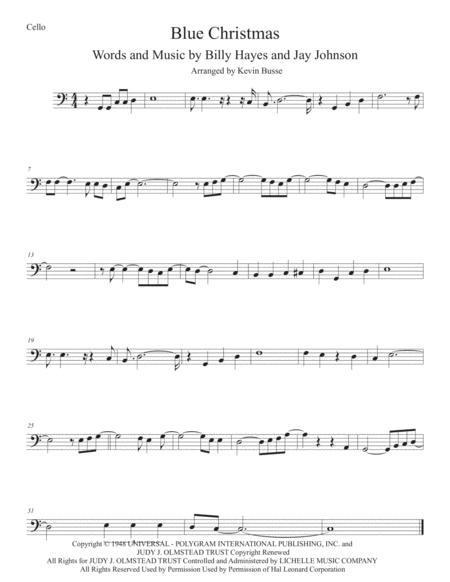 Blue Christmas Easy Key Of C Cello Sheet Music