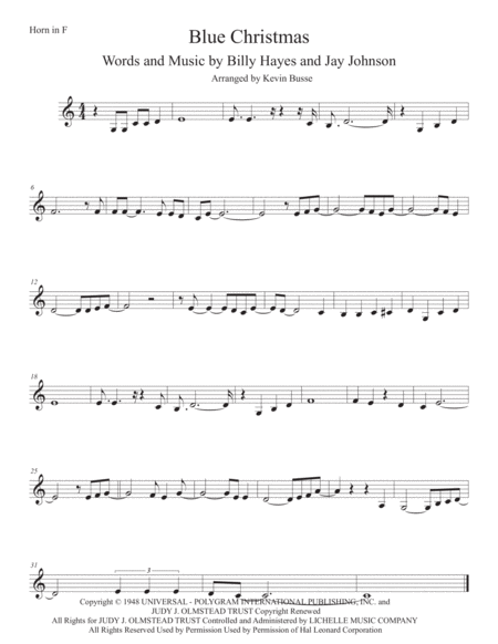 Free Sheet Music Blue Christmas Easy Key Of C Horn In F