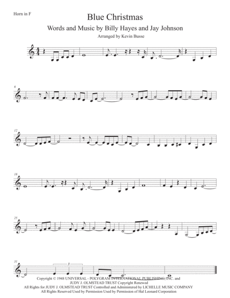 Blue Christmas Easy Key Of C Horn In F Sheet Music