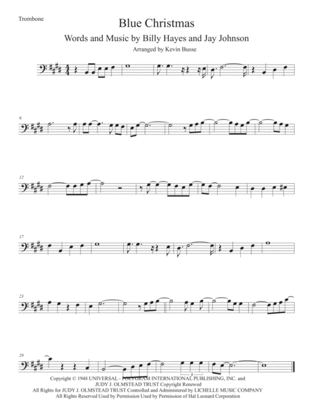 Blue Christmas Original Key Trombone Sheet Music