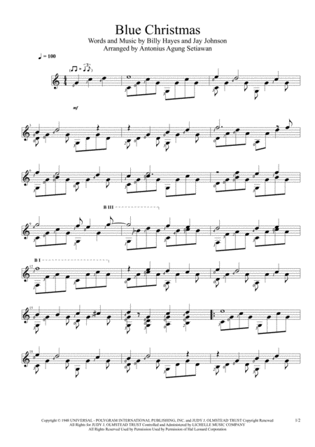 Free Sheet Music Blue Christmas Solo Guitar Score