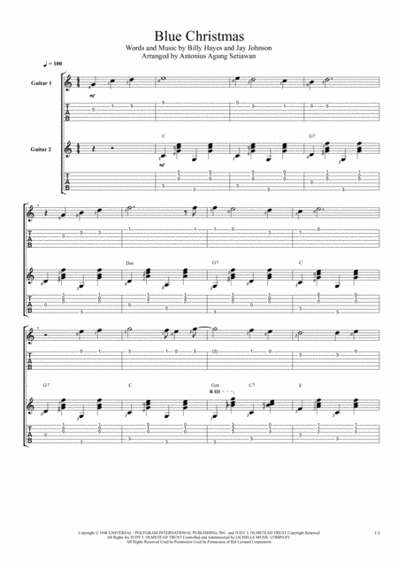 Free Sheet Music Blue Christmas Variation 1 Duet Guitar Tablature