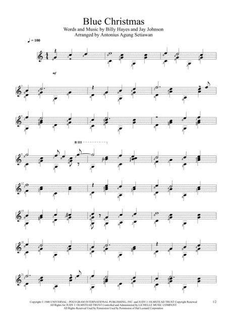 Blue Christmas Variation 1 Solo Guitar Score Sheet Music