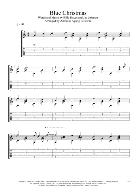 Blue Christmas Variation 1 Solo Guitar Tablature Sheet Music