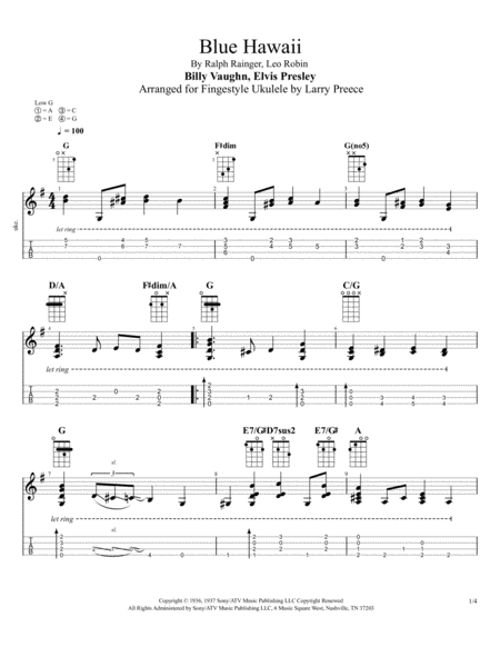 Blue Hawaii Fingerstyle Ukulele Sheet Music