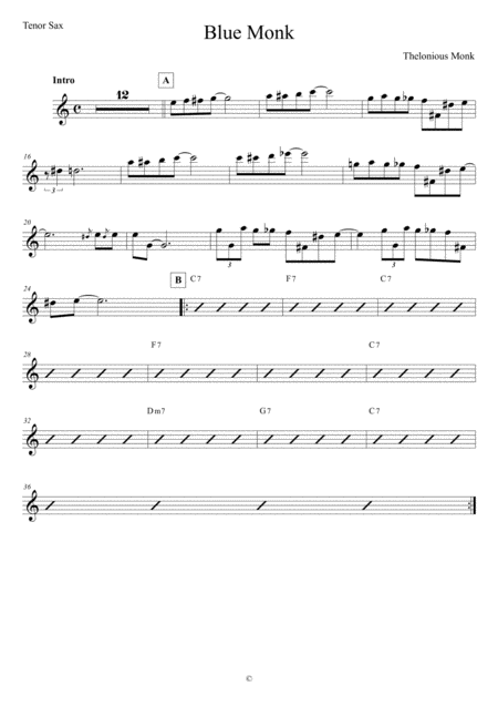 Free Sheet Music Blue Monk Tenor Sax