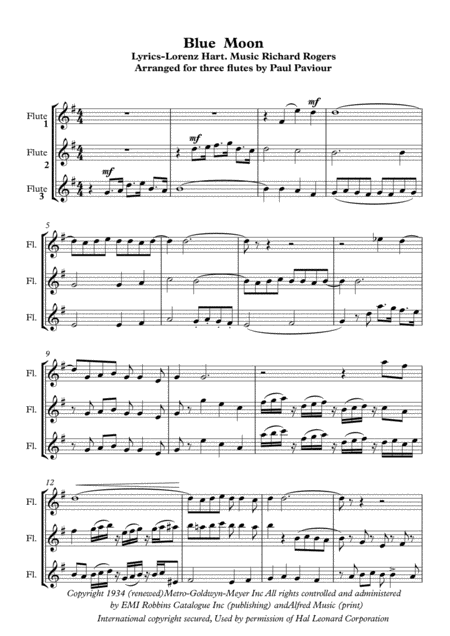 Free Sheet Music Blue Moon Flute Trio