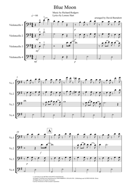 Free Sheet Music Blue Moon For Cello Quartet