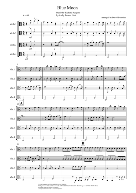 Blue Moon For Viola Quartet Sheet Music