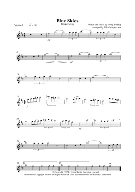 Blue Skies String Quartet Sheet Music