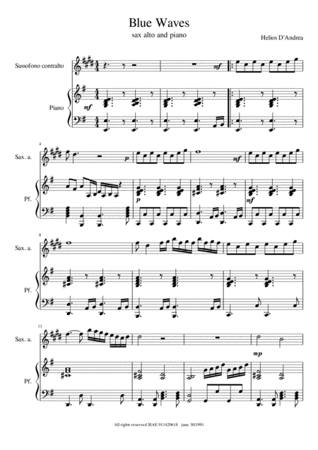 Blue Waves For Sax Alto And Piano Sheet Music