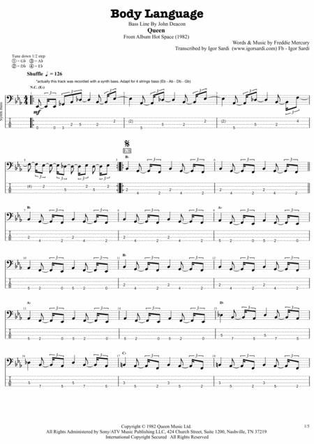 Free Sheet Music Body Language Queen John Deacon Complete And Accurate Bass Transcription Whit Tab