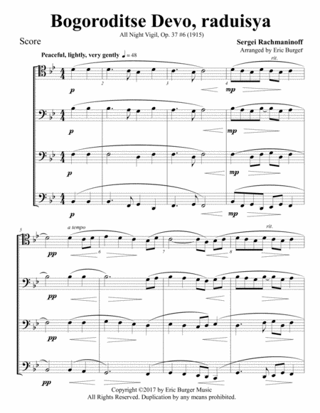 Free Sheet Music Bogoroditse Devo Raduisya For Trombone Or Low Brass Quartet