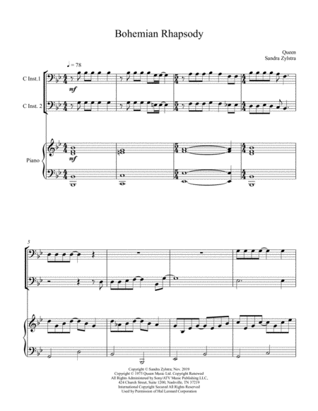 Free Sheet Music Bohemian Rhapsody Bass C Instrument Duet