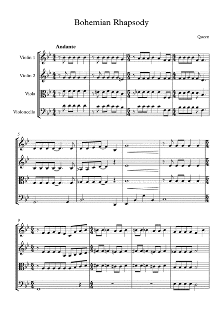 Bohemian Rhapsody By Queen Arranged For String Quartet Sheet Music