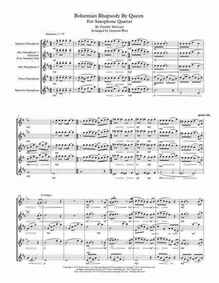 Bohemian Rhapsody By Queen For Saxophone Quartet Satb Or Aatb Sheet Music