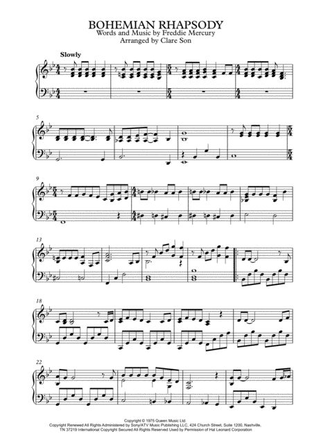 Bohemian Rhapsody By Queen Intermediate Piano Arrangement Sheet Music