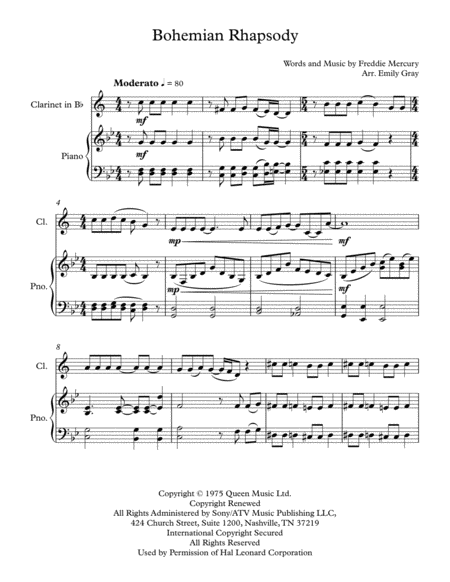 Bohemian Rhapsody Clarinet And Piano Sheet Music