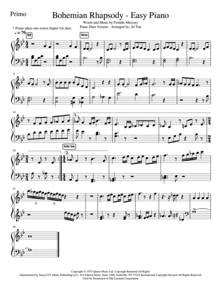 Free Sheet Music Bohemian Rhapsody Easy Piano Duet