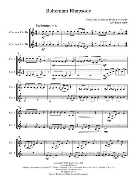 Bohemian Rhapsody For Two Clarinets Sheet Music