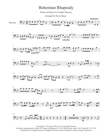 Free Sheet Music Bohemian Rhapsody Original Key Bassoon