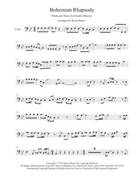 Bohemian Rhapsody Original Key Cello Sheet Music