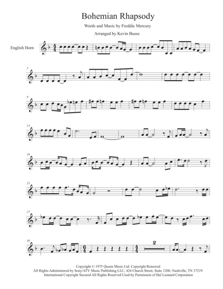 Bohemian Rhapsody Original Key English Horn Sheet Music