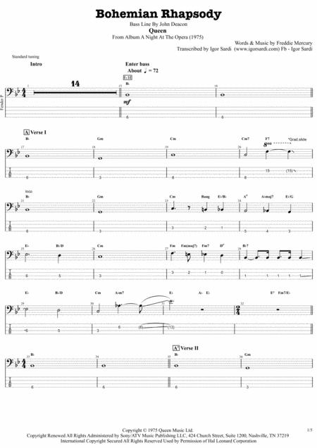 Bohemian Rhapsody Queen John Deacon Complete And Accurate Bass Transcription Whit Tab Sheet Music