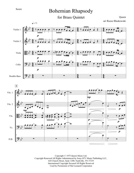 Bohemian Rhapsody String Quintet Sheet Music