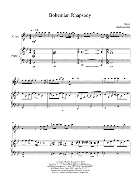 Bohemian Rhapsody Treble C Instrument Solo Sheet Music