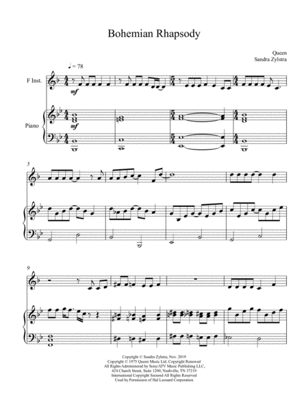 Free Sheet Music Bohemian Rhapsody Treble F Instrument Solo