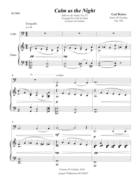 Free Sheet Music Bohm Calm As The Night For Cello Piano