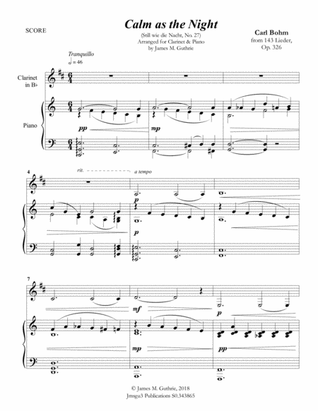 Free Sheet Music Bohm Calm As The Night For Clarinet Piano