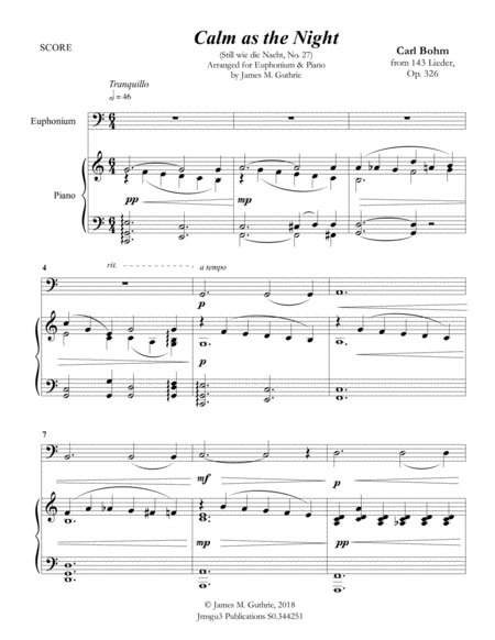 Free Sheet Music Bohm Calm As The Night For Euphonium Piano