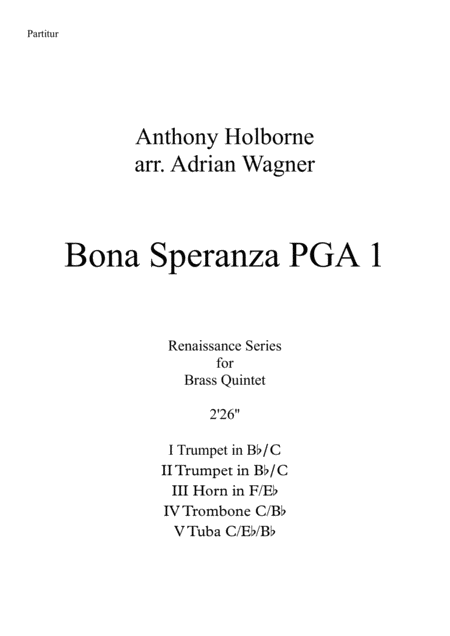 Bona Speranza Pga 1 Anthony Holborne Brass Quintet Arr Adrian Wagner Sheet Music