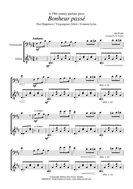 Bonheur Passe Past Happieness For Cello And Guitar Sheet Music