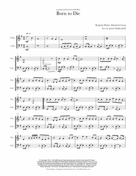 Born To Die Violin Cello Sheet Music