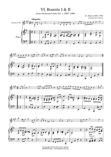 Free Sheet Music Bourree 1 2 From Suite No 1 Bwv 1066 For Clarinet In Bb And Piano