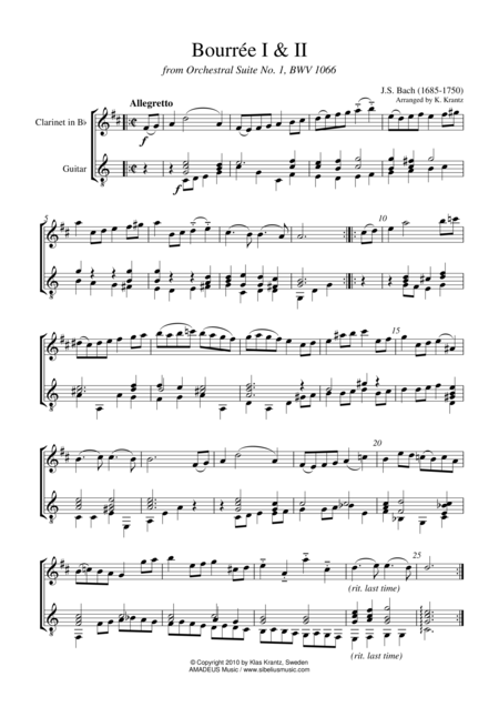 Bourree Bwv 1066 For Clarinet In Bb And Guitar Sheet Music