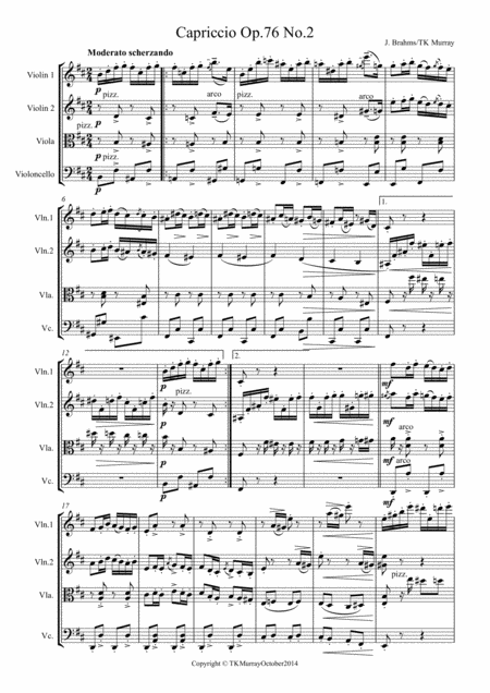 Free Sheet Music Brahms Capriccio Op 76 No 2 String Quartet