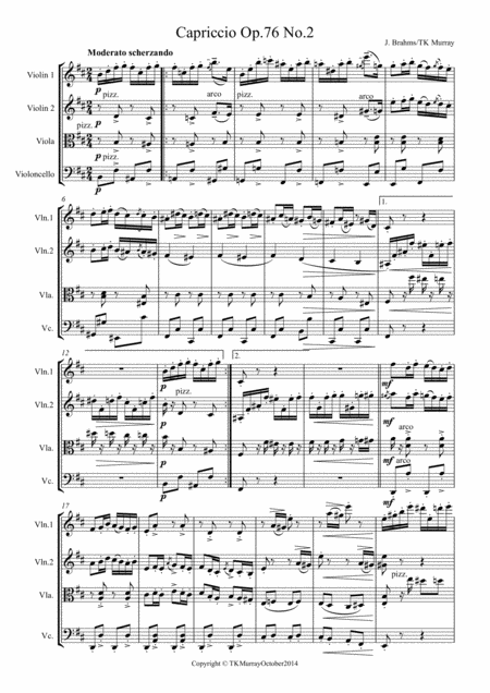 Brahms Capriccio Op 76 No 2 String Quartet Sheet Music